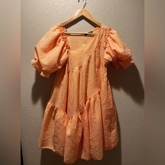 Orange & White Gingham Asymmetrical Neck Puff Sleeve Ruffle Hem Smock Dress - Picture 5 of 6